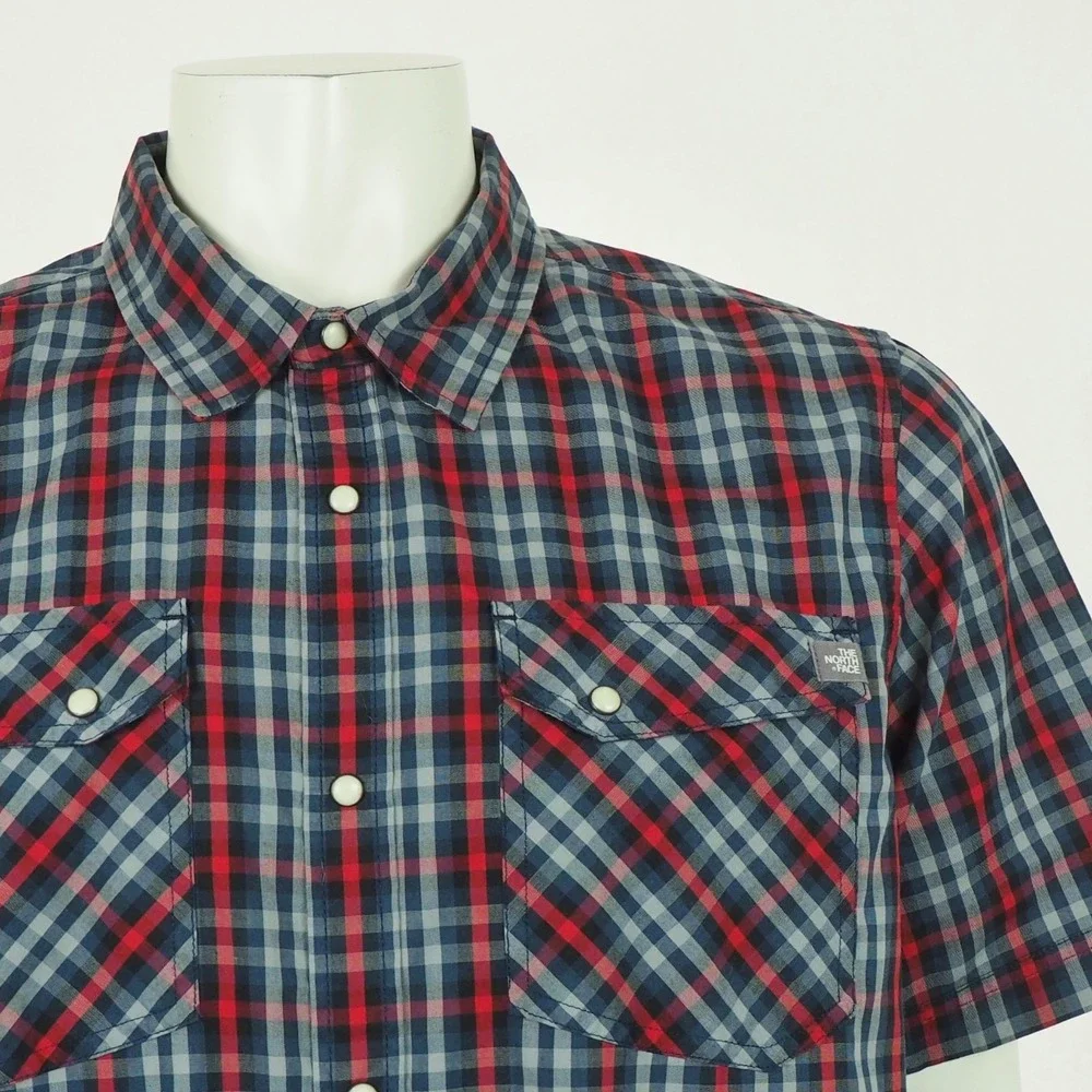The North Face Pearl Snap Shirt Mens Sz XL Navy Blue Plaid Cotton Blend Outdoor